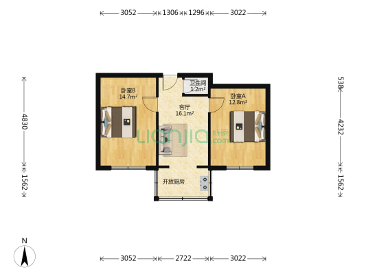 蔷薇河小区 2室1厅1卫 54平方