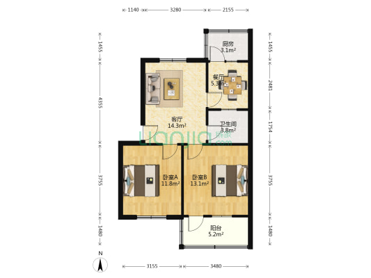豫剧团家属院 2室2厅1卫 66平方