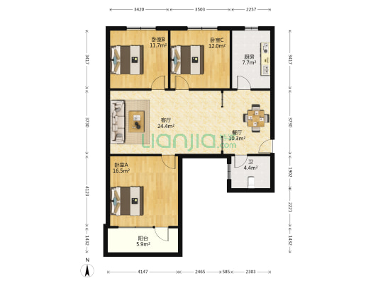 紫荆小区 3室2厅1卫 105平方