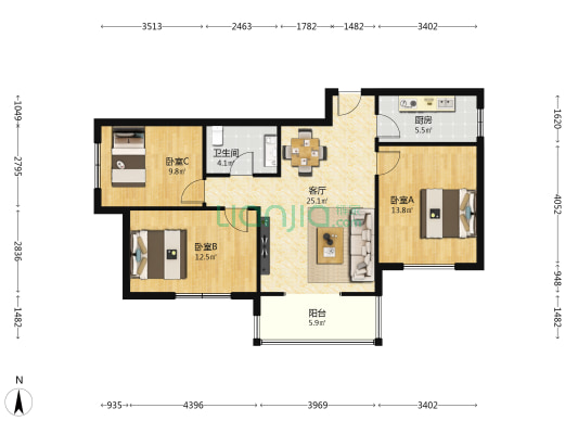 航城佳苑 3室1厅1卫 106平方