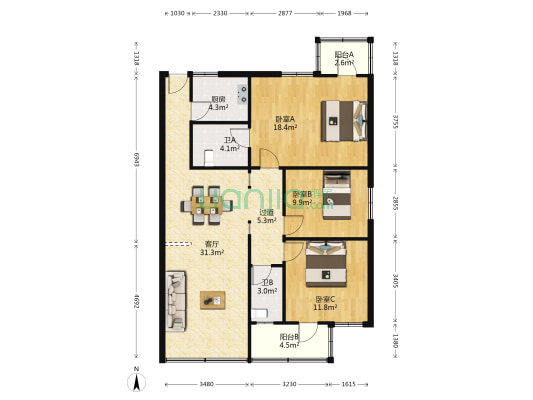 健康路 3室1厅2卫 110平方