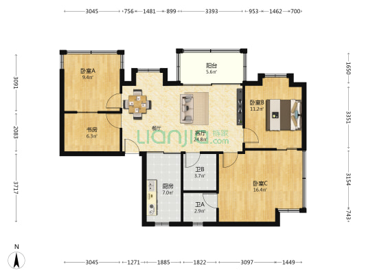 残联宿舍 4室1厅2卫 101平方