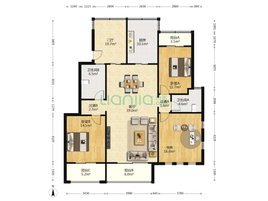 金科世界城D区 3室1厅2卫 139平方