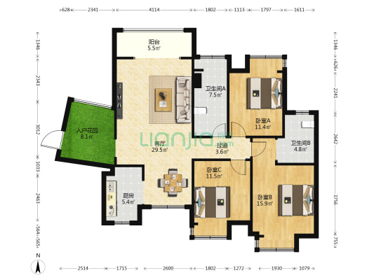 和风家园 3室1厅2卫 125平方