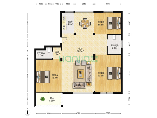 绿洲祥门里 3室1厅2卫 136平方