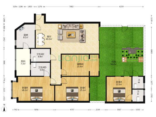 玉泉新景观 3室1厅4卫 132平方