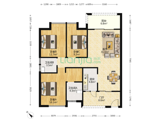 金山御景蓝湾 3室1厅2卫 114平方