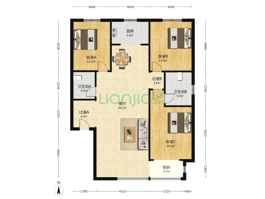 弘福苑东区 3室1厅2卫 154平方
