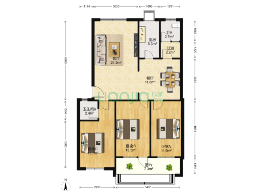 温馨家园 3室2厅2卫 118平方