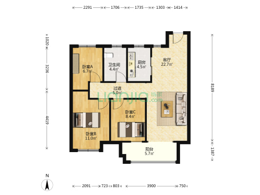 公元景樾公馆 3室1厅1卫 98平方