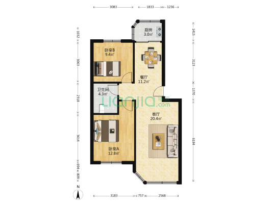 港霞西路住宅 2室2厅1卫 73平方