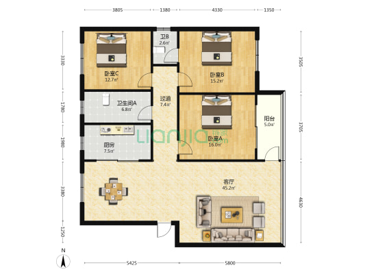 壹成新居 3室1厅2卫 140平方