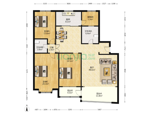 市建筑设计院宿舍 3室1厅2卫 181平方