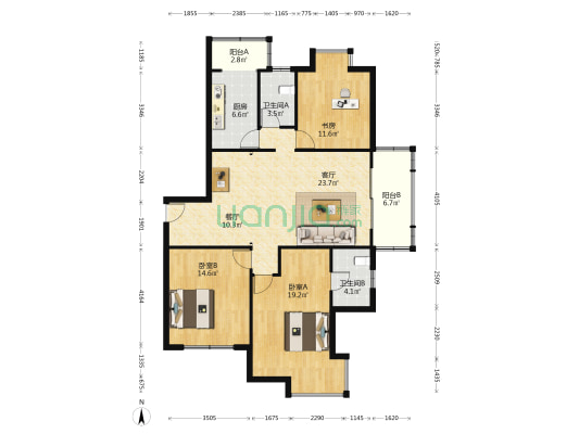 方圆公寓 3室2厅2卫 133平方