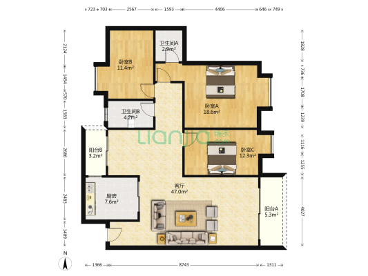 利丰花园 3室1厅2卫 135平方