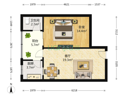芳草街4号新2号 1室1厅1卫 58平方
