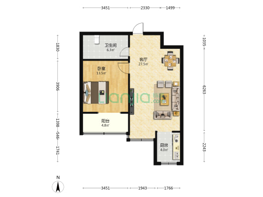 阳光雅筑 1室1厅1卫 72平方