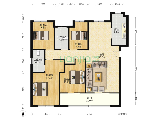 环球中心一期C区 4室1厅2卫 141平方