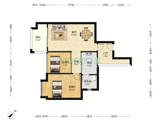 锦城嘉苑A区 2室1厅1卫 69平方
