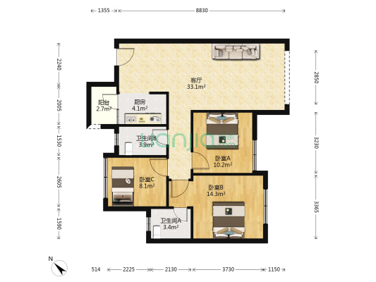 皇庭国际1号 3室1厅2卫 94平方