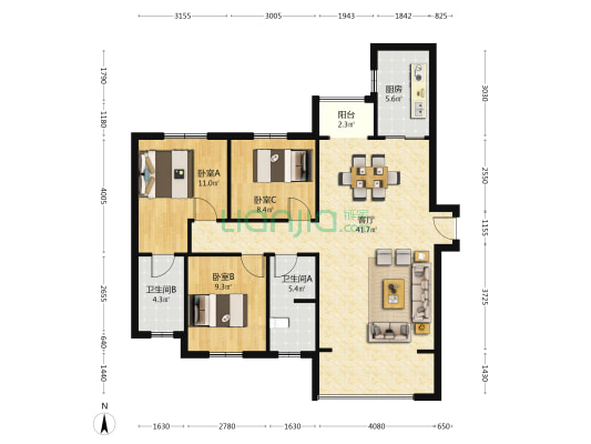 洋湖明园一期 3室1厅2卫 119平方