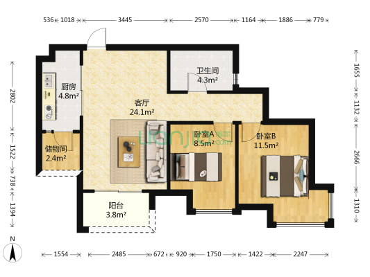 敏捷花城里 2室1厅1卫 72平方