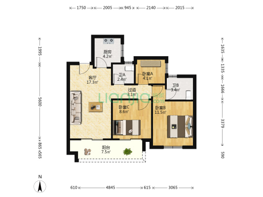 西门华庭 3室1厅2卫 88平方