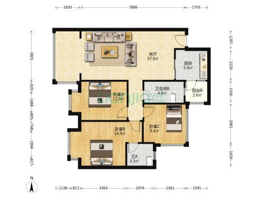 亿华西苑 3室1厅2卫 113平方