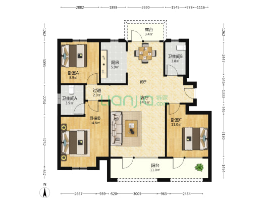 安兴壹號府 3室1厅2卫 122平方