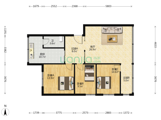 环科院宿舍 3室1厅1卫 98平方