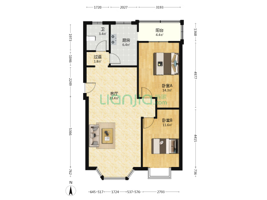 馨竹苑 2室1厅1卫 88平方