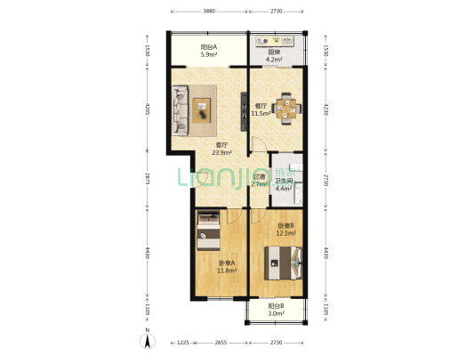 润福楼 2室2厅1卫 94平方