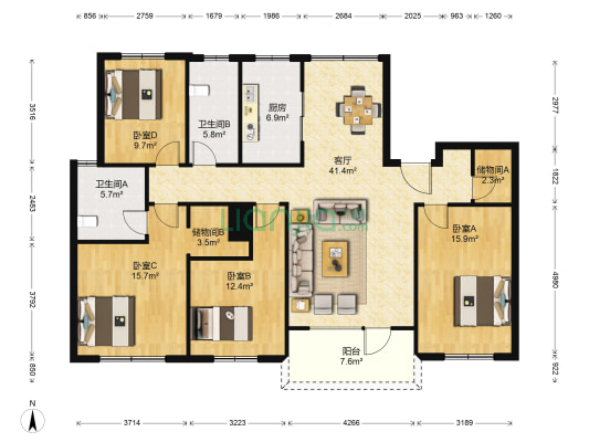 合著花园三区 4室1厅2卫 142平方