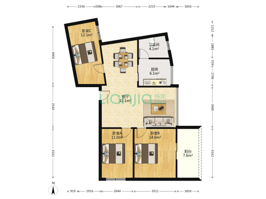现代花园 3室1厅1卫 109平方