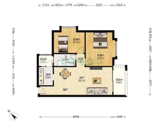 涛景花园 2室1厅1卫 75平方
