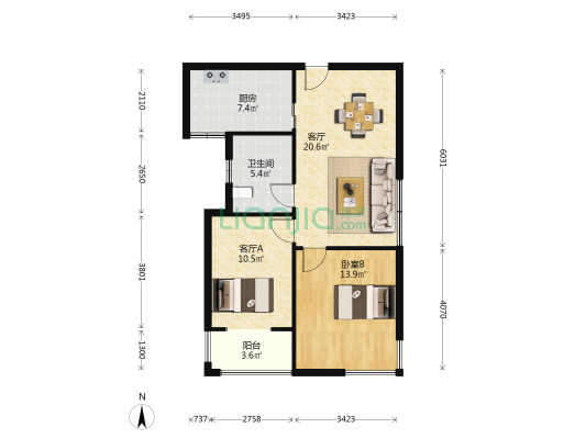 东方花苑 1室2厅1卫 88平方