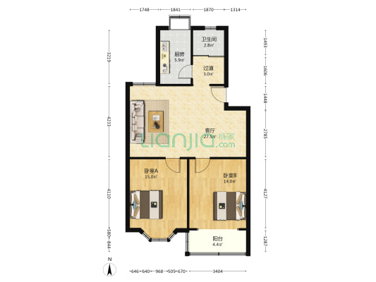 二航佳苑 2室1厅1卫 91平方