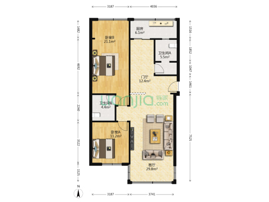 大石东路17号附2号 2室1厅2卫 95平方