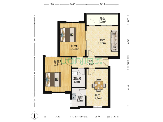 邮电宿舍 2室2厅1卫 85平方