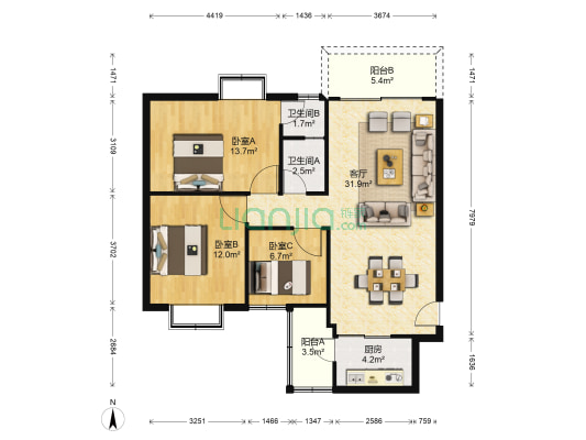 龙日花苑BC区 3室1厅2卫 103平方