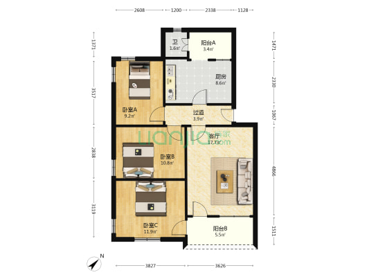 寿山路3号 3室1厅1卫 90平方