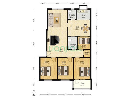中南街3号 4室2厅2卫 90平方