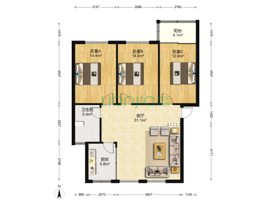 新大陆花园东区 3室1厅1卫 106平方