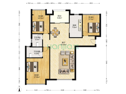 阳光城尚东湾 3室1厅2卫 124平方