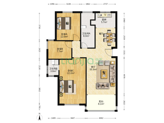 碧水蓝城一期 3室1厅2卫 126平方