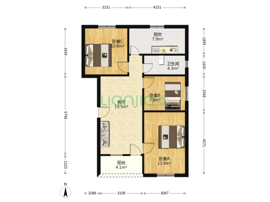 苎萝二村 3室1厅1卫 85平方