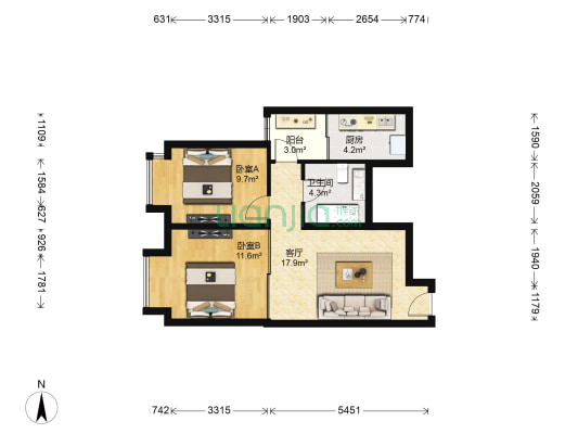 远洋沁山水 2室1厅1卫 70平方