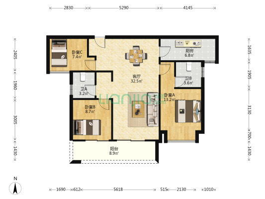 龙湖翠湖壹号 3室1厅2卫 110平方