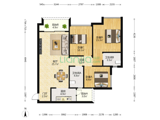 润江财苑 3室1厅2卫 110平方