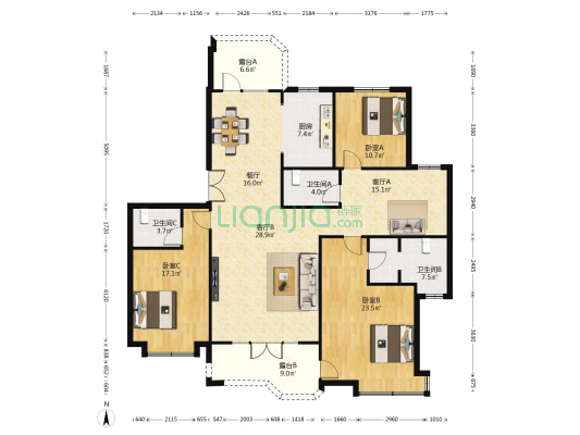 荣盛华府D区 3室3厅3卫 193平方
